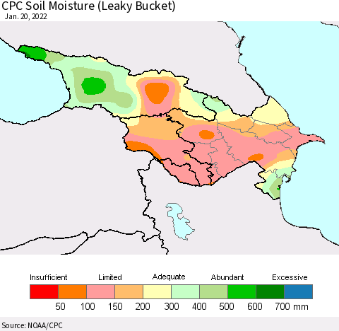 Azerbaijan, Armenia and Georgia CPC Soil Moisture (Leaky Bucket) Thematic Map For 1/16/2022 - 1/20/2022