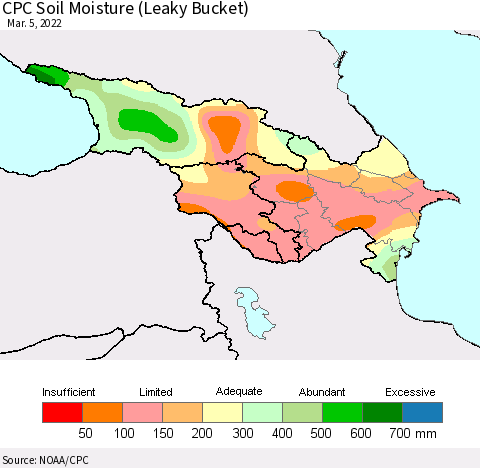 Azerbaijan, Armenia and Georgia CPC Soil Moisture (Leaky Bucket) Thematic Map For 3/1/2022 - 3/5/2022