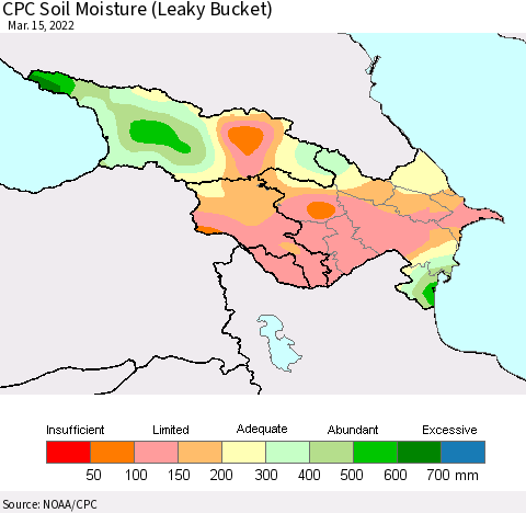 Azerbaijan, Armenia and Georgia CPC Soil Moisture (Leaky Bucket) Thematic Map For 3/11/2022 - 3/15/2022