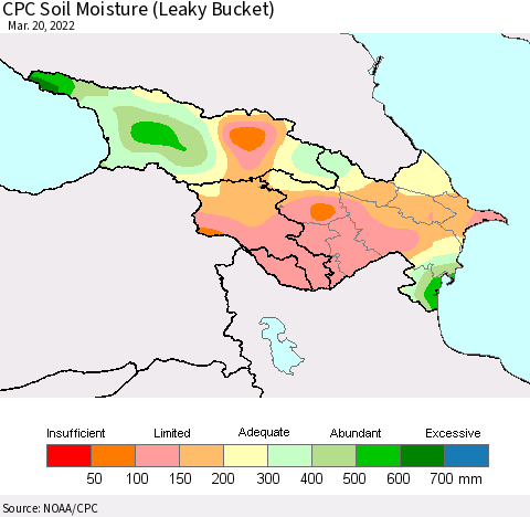Azerbaijan, Armenia and Georgia CPC Soil Moisture (Leaky Bucket) Thematic Map For 3/16/2022 - 3/20/2022