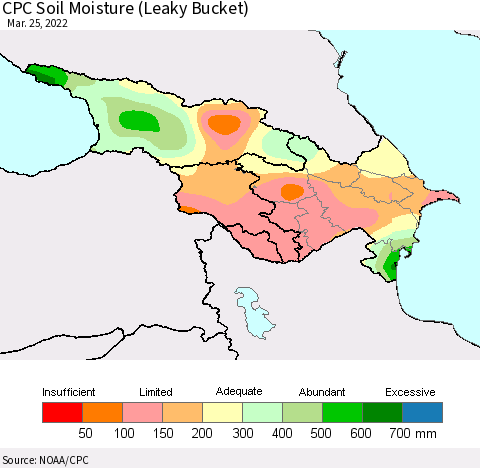 Azerbaijan, Armenia and Georgia CPC Soil Moisture (Leaky Bucket) Thematic Map For 3/21/2022 - 3/25/2022