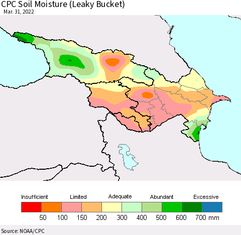 Azerbaijan, Armenia and Georgia CPC Soil Moisture (Leaky Bucket) Thematic Map For 3/26/2022 - 3/31/2022