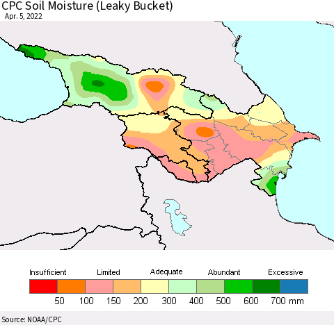Azerbaijan, Armenia and Georgia CPC Soil Moisture (Leaky Bucket) Thematic Map For 4/1/2022 - 4/5/2022