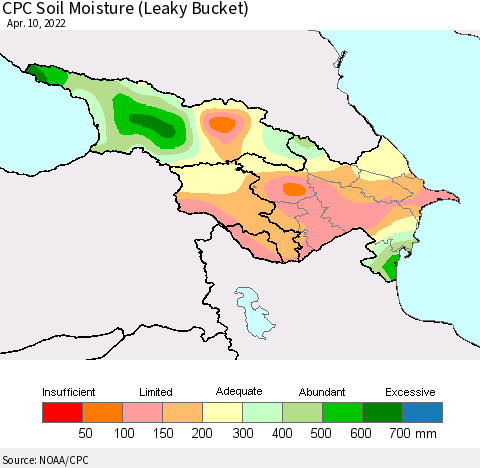 Azerbaijan, Armenia and Georgia CPC Soil Moisture (Leaky Bucket) Thematic Map For 4/6/2022 - 4/10/2022