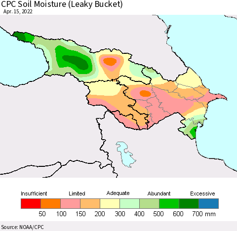 Azerbaijan, Armenia and Georgia CPC Soil Moisture (Leaky Bucket) Thematic Map For 4/11/2022 - 4/15/2022
