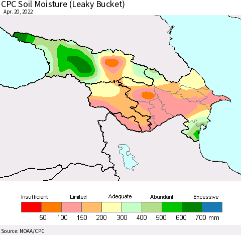 Azerbaijan, Armenia and Georgia CPC Soil Moisture (Leaky Bucket) Thematic Map For 4/16/2022 - 4/20/2022