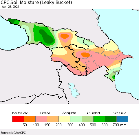 Azerbaijan, Armenia and Georgia CPC Soil Moisture (Leaky Bucket) Thematic Map For 4/21/2022 - 4/25/2022