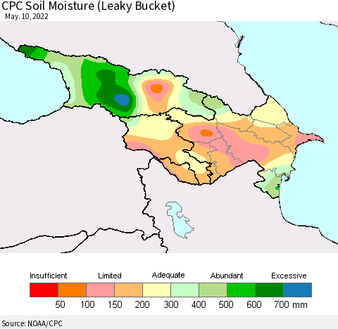 Azerbaijan, Armenia and Georgia CPC Soil Moisture (Leaky Bucket) Thematic Map For 5/6/2022 - 5/10/2022