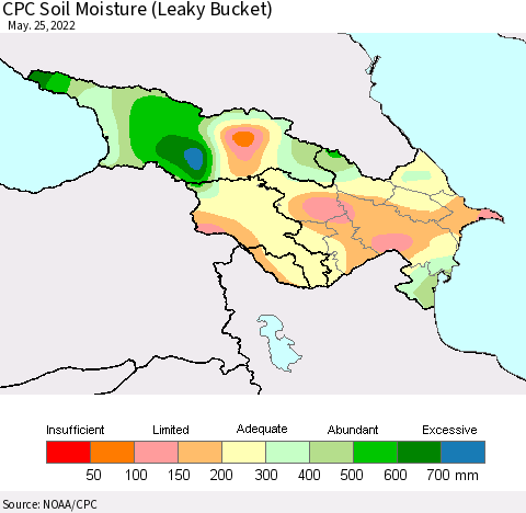 Azerbaijan, Armenia and Georgia CPC Soil Moisture (Leaky Bucket) Thematic Map For 5/21/2022 - 5/25/2022