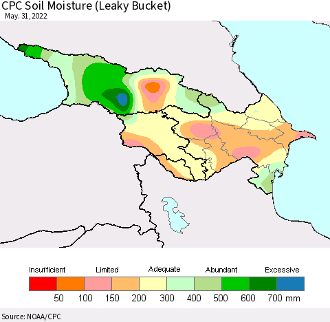 Azerbaijan, Armenia and Georgia CPC Soil Moisture (Leaky Bucket) Thematic Map For 5/26/2022 - 5/31/2022