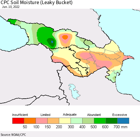 Azerbaijan, Armenia and Georgia CPC Soil Moisture (Leaky Bucket) Thematic Map For 6/6/2022 - 6/10/2022