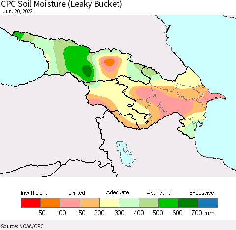 Azerbaijan, Armenia and Georgia CPC Soil Moisture (Leaky Bucket) Thematic Map For 6/16/2022 - 6/20/2022