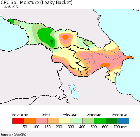 Azerbaijan, Armenia and Georgia CPC Soil Moisture (Leaky Bucket) Thematic Map For 7/11/2022 - 7/15/2022