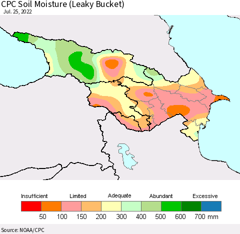 Azerbaijan, Armenia and Georgia CPC Soil Moisture (Leaky Bucket) Thematic Map For 7/21/2022 - 7/25/2022