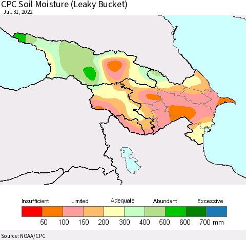 Azerbaijan, Armenia and Georgia CPC Soil Moisture (Leaky Bucket) Thematic Map For 7/26/2022 - 7/31/2022