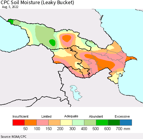 Azerbaijan, Armenia and Georgia CPC Soil Moisture (Leaky Bucket) Thematic Map For 8/1/2022 - 8/5/2022