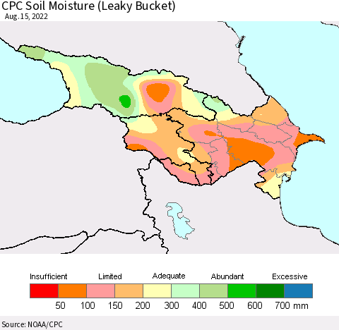 Azerbaijan, Armenia and Georgia CPC Soil Moisture (Leaky Bucket) Thematic Map For 8/11/2022 - 8/15/2022
