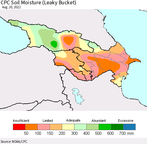 Azerbaijan, Armenia and Georgia CPC Soil Moisture (Leaky Bucket) Thematic Map For 8/16/2022 - 8/20/2022