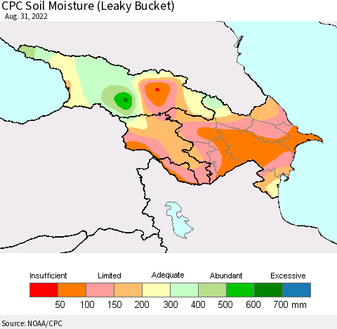Azerbaijan, Armenia and Georgia CPC Soil Moisture (Leaky Bucket) Thematic Map For 8/26/2022 - 8/31/2022