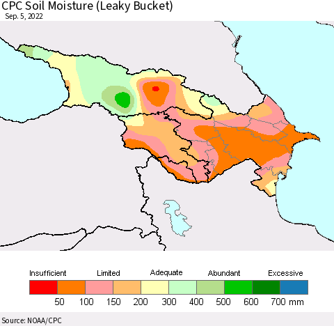 Azerbaijan, Armenia and Georgia CPC Soil Moisture (Leaky Bucket) Thematic Map For 9/1/2022 - 9/5/2022