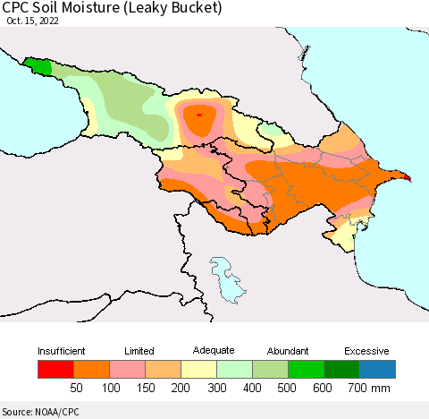 Azerbaijan, Armenia and Georgia CPC Soil Moisture (Leaky Bucket) Thematic Map For 10/11/2022 - 10/15/2022