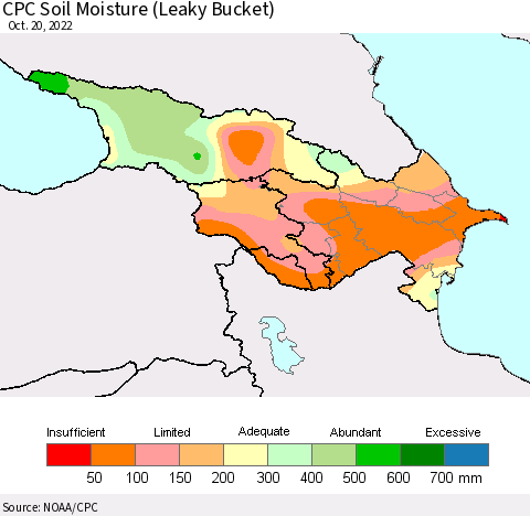 Azerbaijan, Armenia and Georgia CPC Soil Moisture (Leaky Bucket) Thematic Map For 10/16/2022 - 10/20/2022