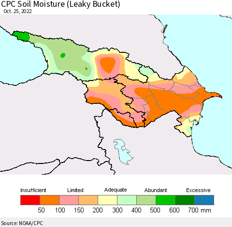 Azerbaijan, Armenia and Georgia CPC Soil Moisture (Leaky Bucket) Thematic Map For 10/21/2022 - 10/25/2022