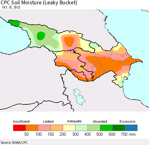 Azerbaijan, Armenia and Georgia CPC Soil Moisture (Leaky Bucket) Thematic Map For 10/26/2022 - 10/31/2022