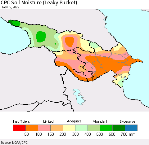 Azerbaijan, Armenia and Georgia CPC Soil Moisture (Leaky Bucket) Thematic Map For 11/1/2022 - 11/5/2022