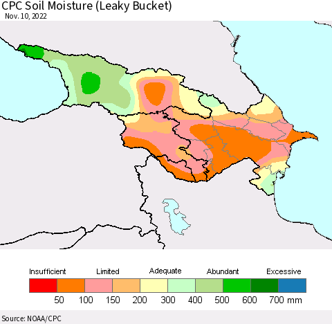 Azerbaijan, Armenia and Georgia CPC Soil Moisture (Leaky Bucket) Thematic Map For 11/6/2022 - 11/10/2022