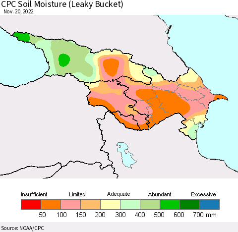 Azerbaijan, Armenia and Georgia CPC Soil Moisture (Leaky Bucket) Thematic Map For 11/16/2022 - 11/20/2022
