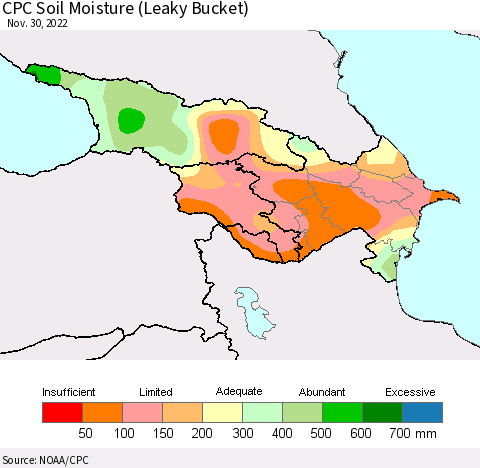Azerbaijan, Armenia and Georgia CPC Soil Moisture (Leaky Bucket) Thematic Map For 11/26/2022 - 11/30/2022
