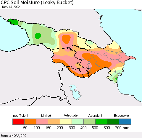 Azerbaijan, Armenia and Georgia CPC Soil Moisture (Leaky Bucket) Thematic Map For 12/11/2022 - 12/15/2022