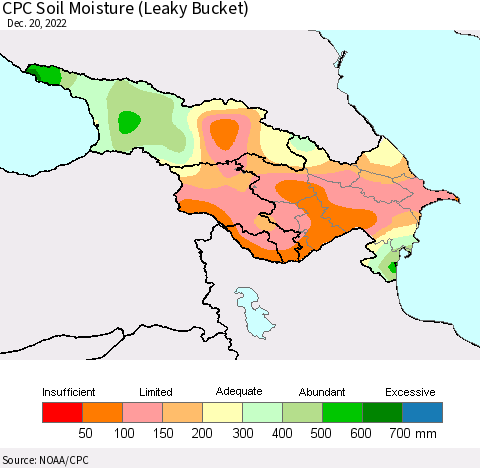 Azerbaijan, Armenia and Georgia CPC Soil Moisture (Leaky Bucket) Thematic Map For 12/16/2022 - 12/20/2022