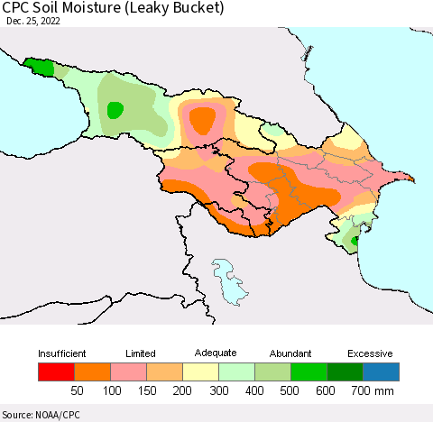 Azerbaijan, Armenia and Georgia CPC Soil Moisture (Leaky Bucket) Thematic Map For 12/21/2022 - 12/25/2022