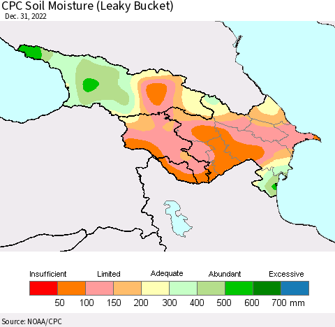 Azerbaijan, Armenia and Georgia CPC Soil Moisture (Leaky Bucket) Thematic Map For 12/26/2022 - 12/31/2022