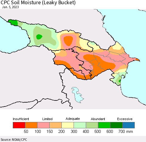 Azerbaijan, Armenia and Georgia CPC Soil Moisture (Leaky Bucket) Thematic Map For 1/1/2023 - 1/5/2023