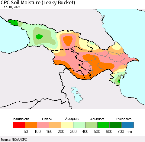 Azerbaijan, Armenia and Georgia CPC Soil Moisture (Leaky Bucket) Thematic Map For 1/6/2023 - 1/10/2023
