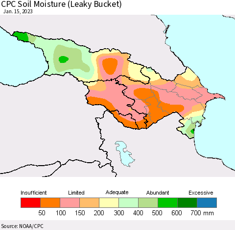 Azerbaijan, Armenia and Georgia CPC Soil Moisture (Leaky Bucket) Thematic Map For 1/11/2023 - 1/15/2023