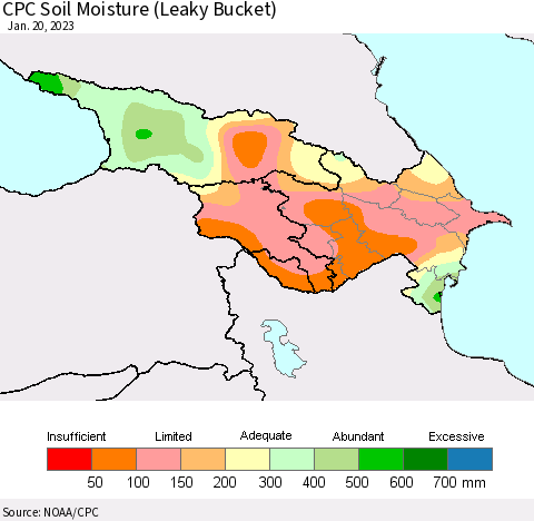 Azerbaijan, Armenia and Georgia CPC Soil Moisture (Leaky Bucket) Thematic Map For 1/16/2023 - 1/20/2023