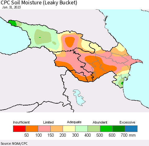 Azerbaijan, Armenia and Georgia CPC Soil Moisture (Leaky Bucket) Thematic Map For 1/26/2023 - 1/31/2023