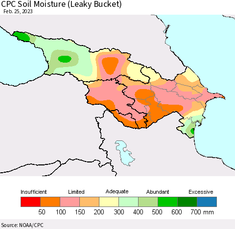 Azerbaijan, Armenia and Georgia CPC Soil Moisture (Leaky Bucket) Thematic Map For 2/21/2023 - 2/25/2023