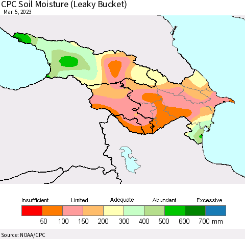 Azerbaijan, Armenia and Georgia CPC Soil Moisture (Leaky Bucket) Thematic Map For 3/1/2023 - 3/5/2023