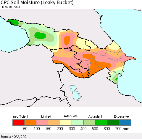 Azerbaijan, Armenia and Georgia CPC Soil Moisture (Leaky Bucket) Thematic Map For 3/6/2023 - 3/10/2023