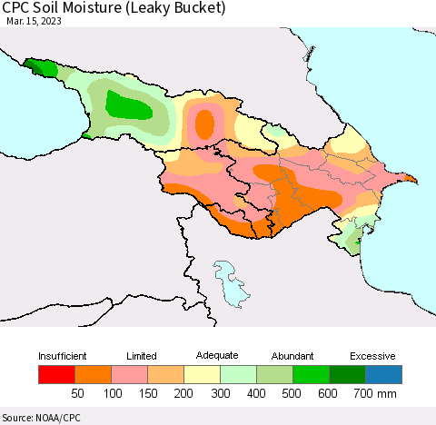 Azerbaijan, Armenia and Georgia CPC Soil Moisture (Leaky Bucket) Thematic Map For 3/11/2023 - 3/15/2023
