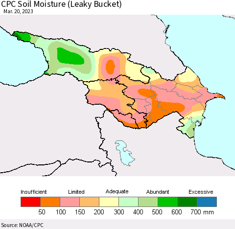 Azerbaijan, Armenia and Georgia CPC Soil Moisture (Leaky Bucket) Thematic Map For 3/16/2023 - 3/20/2023