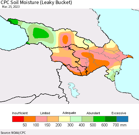 Azerbaijan, Armenia and Georgia CPC Soil Moisture (Leaky Bucket) Thematic Map For 3/21/2023 - 3/25/2023