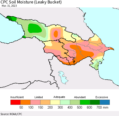 Azerbaijan, Armenia and Georgia CPC Soil Moisture (Leaky Bucket) Thematic Map For 3/26/2023 - 3/31/2023