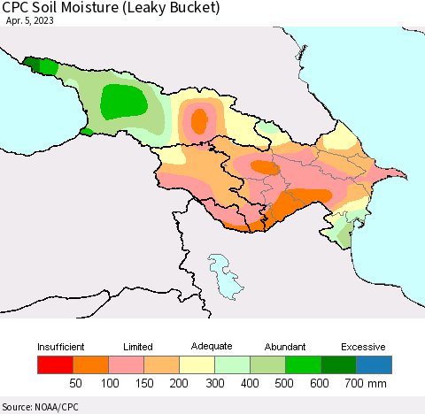 Azerbaijan, Armenia and Georgia CPC Soil Moisture (Leaky Bucket) Thematic Map For 4/1/2023 - 4/5/2023