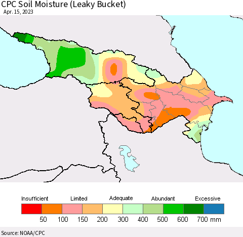 Azerbaijan, Armenia and Georgia CPC Soil Moisture (Leaky Bucket) Thematic Map For 4/11/2023 - 4/15/2023